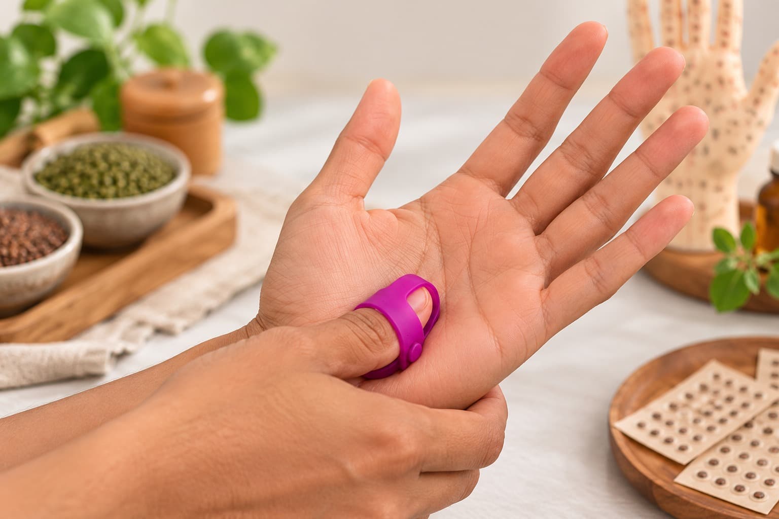 Seed therapy applied to pressure points on the hand